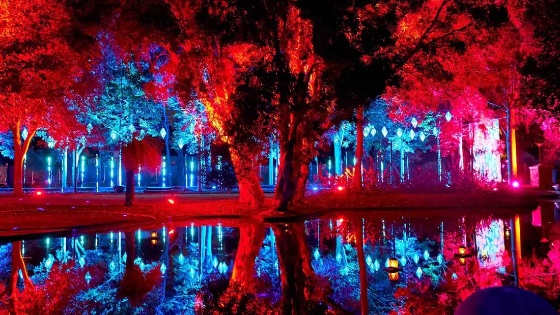 Two visitors walking a glowing light tunnel at Bloom